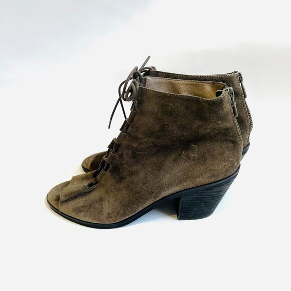Eileen Fisher Taupe Suede Leather Lace Up Open Toes Block Heel Bootie 8.5 - Picture 2 of 8